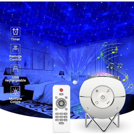 Veilleuse pour enfants, Lampe Projecteur Rechargeable USB LED Musicale Avec 14 Modes & Télécommande & Timer & Support métal pour Enfants Adultes Cadeaux Maison Soirée Décoration (Blanc) (1/3)