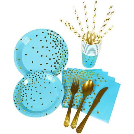 Vaisselle Carton Anniversaire - HAOPYOU - Deux Tailles - Bleu - Serviette Paille Mariages Fête Annive (1/4)