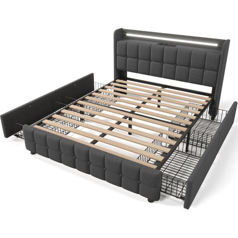 Lit coffre double 160 x 200 cm gris avec tĂŞte de lit USB LED et 4 tiroirs HOMVRA (1/5)