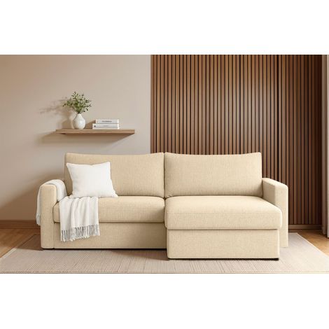 Ecksofa Sofa mit Schlaffunktion BENDIK Stoff Faro Creme Ottomane Rechts (1/3)