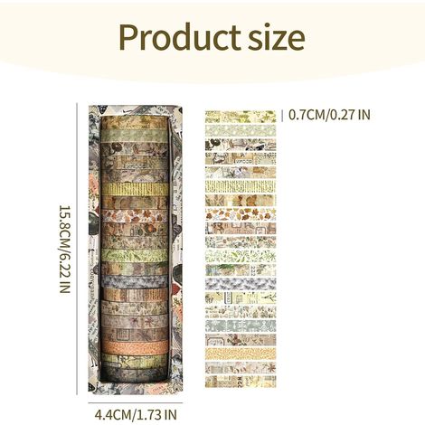 Lot de 20 rouleaux de ruban adhésif décoratif Washi à motifs végétaux, style vintage, couleurs pastel. (1/4)