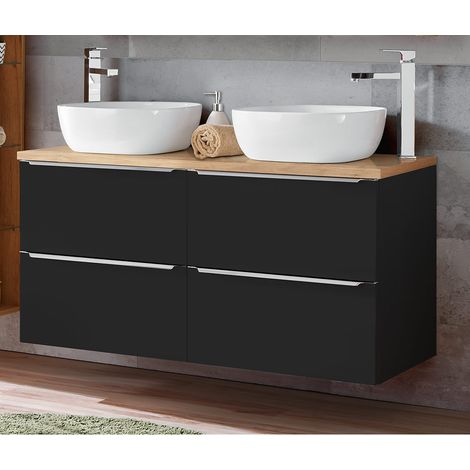 Doppel-Waschtisch 121cm inkl. 2 Keramik-Aufsatzwaschbecken TOSKANA-BLACK-56 seidenmatt anthrazit & Wotaneiche (1/5)