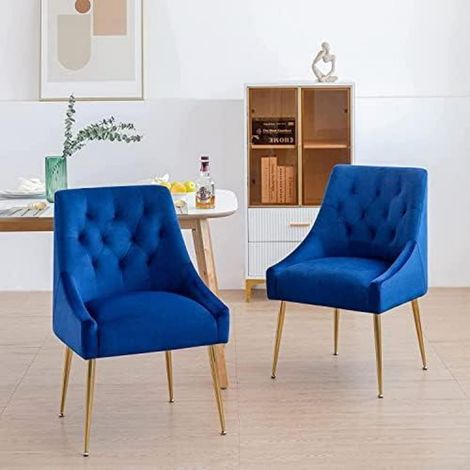 Lot de 2 chaises de salle à manger en velours bleu, design moderne, pieds métal dorés (1/5)