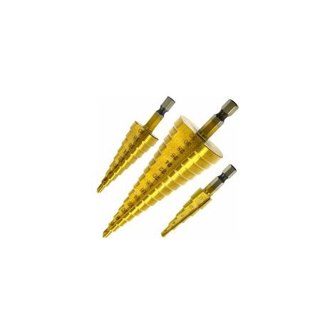 Jeu de 3 forets fraisés HSS inox 412/20/32 mm titane trigonométrique à tige hexagonale, tournevis pour percer des trous dans l'acier, le laiton, le bois, le plastique