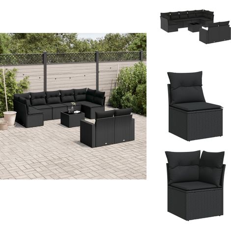 10-tlg. Garten-Sofagarnitur mit Kissen Schwarz Poly Rattan - Gartenmöbel Set - PE-Rattan Möbel - Outdoor Lounge - Esstisch Set - Balkonmöbel (1/5)