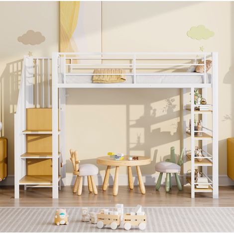 Cama alta moderna 90x200 cm de metal blanco con escalera con almacenaje, pequeño armario, estantes y barandilla alta (1/5)