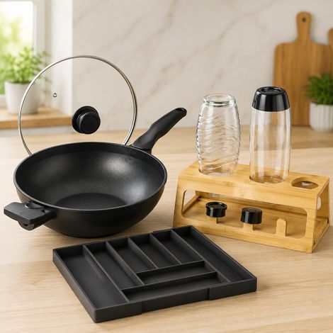 Asian Cooking Kitchen Set (3-Piece) – Non-Stick Wok, Bamboo Bottle Rack & Cutlery Tray (1/5)