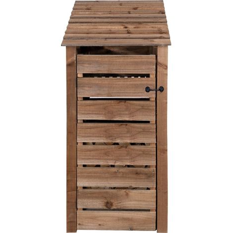 Wooden log store, Slatted timber storage with door and kindling shelf (W-79cm, H-180cm, D-88cm) brown finish