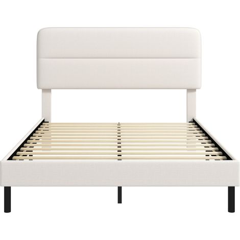 Lit double 140x200 cm en tissu effet lin beige, tête réglable, gain de place, sans matelas – MEUBLIV (1/5)