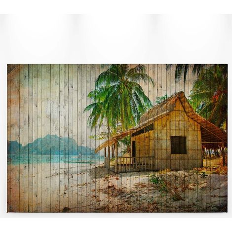 Tableau salle de bain plage & mer turquoise | Tableau effet bois cabane au bord de mer | Tableau couloir paysage & palmier - 0,9 x 0,6 m (1/5)