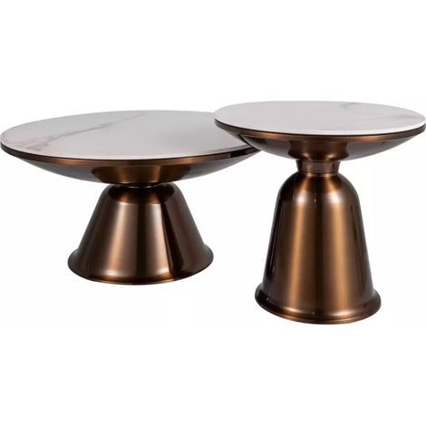 Ensemble de deux petites tables basses rondes en céramique effet marbre blanc et cuivre hauteur 41 cm LUNEL (1/3)