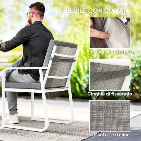 3-teiliges Garten-Set: Tisch und Stühle, Essgruppe mit Glastisch, 2 Gartenstühle mit Armlehnen und waschbaren Kissen, Terrassenmöbel-Set aus Stahl und Textilene, weiß.