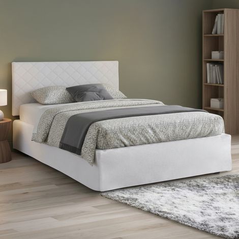 Dmora - Cama de plaza y media Dbellom, Juego de cabecero en ecopiel con base ortopédica y cenefa, 100% Made in Italy, con colchón incluido, 120x190cm, Blanco (1/5)
