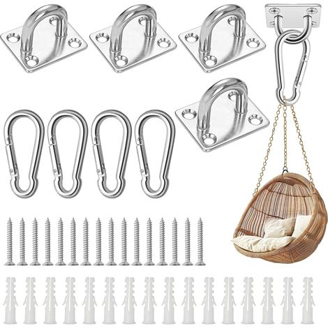 Stainless Steel Ceiling Hook, Pack of 4 M5 304 Stainless Steel with Carabiner, Screws and Plastic Dowels for Hanging Hammocks, Swings, Sun Sails (1/5)