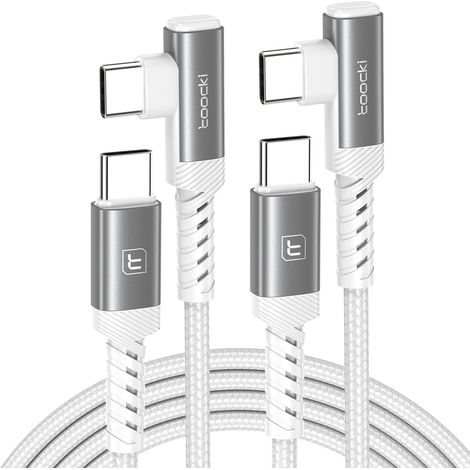 Cable USB C 60W [1M+1M] PD 3.0 Type-C Coudé, Tressé Nylon, Blanc (1/5)