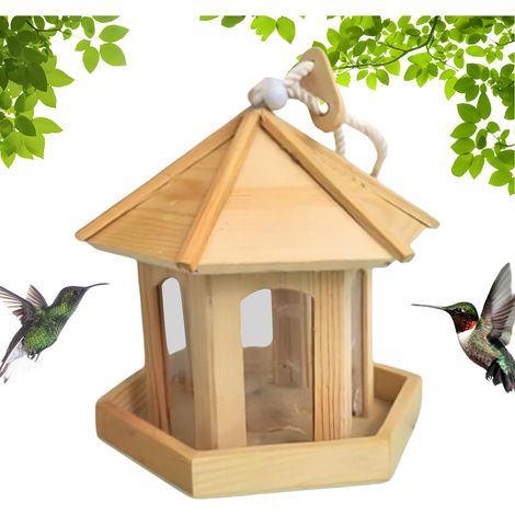 Mangeoire à oiseaux hexagonale, 20 x 19,5 cm. Conception légère et résistante aux intempéries en bois. À suspendre sur un porche, une terrasse, un balcon, dans un jardin ou en extérieur. Bois naturel. (1/5)