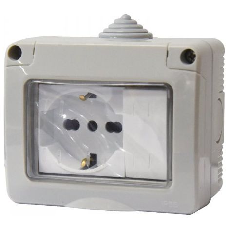 Kit Contenitore Cassetta Elettrica Esterna 1 Presa Schuko Universale +1 Interruttore Con Coperchio Stagno IP55, Montaggio Da Parete Esterno,Omologato IMQ