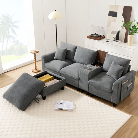 Canapé d'angle en L moderne 4 places en tissu corduroy gris avec console USB et porte-gobelets (1/5)