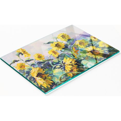 Dekoratives Küchenschneidebrett aus Glas mit Sonnenblumenmotiv, 80 x 52 cm (1/5)