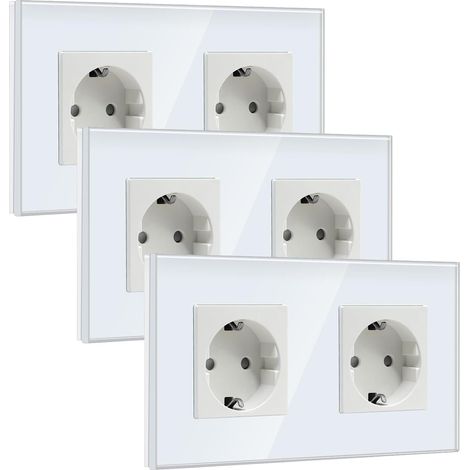 Prise Murale Schuko 2 Gang, Prise en Verre 16Amp avec Plaque en Verre Cristal 86 mm, Rallonge Murale, Blanc 3 Pack (1/5)
