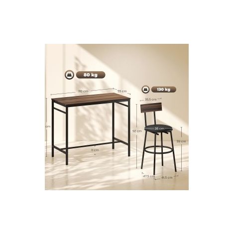 Ensemble table haute 5 pièces avec 4 tabourets en bois et acier, design industriel, couleur brun et noir (1/5)
