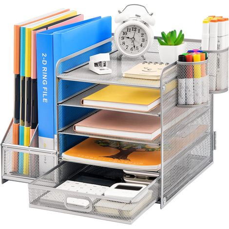 Organisateur de Bureau avec Porte-Documents,5-Niveaux Porte-Lettres Rangement Maille,pour Fournitures de Bureau Domicile(Argenté avec Tiroir Porte-Stylos) (1/5)