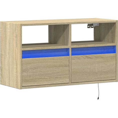 Mueble TV multimedia estante para televisión buffet para televisión comedor salón dormitorio suspendido con luces LED roble sonoma 80 x 31 x 45 cm marrón 020028028 (1/5)