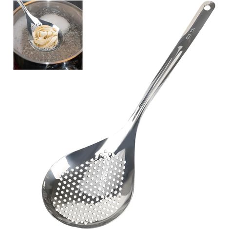 Schaumlöffel aus Edelstahl – 35,4 x 10,8 cm – Küchenutensil aus Metall – Mit langem, ergonomischem Griff – Abtropflöffel für Gemüse und Nudeln (1/5)