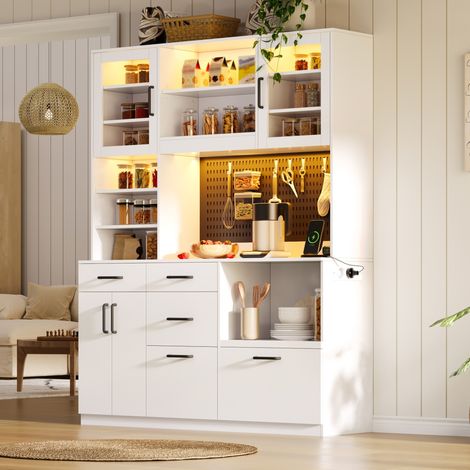 Credenza da cucina multifunzionale con illuminazione a LED RGB, prese di corrente e 5 cassetti, mobile contenitore in MDF bianco, 105x40x185 cm (1/5)