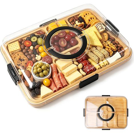 Planche à Charcuterie avec Couvercle et Poignée, Planche à Fromage en Bambou avec Compartiments, Board de Charcuterie, Plateau Charcuterie pour Fromages pour Pique-nique, Fête, Cadeau d'inauguration (1/5)
