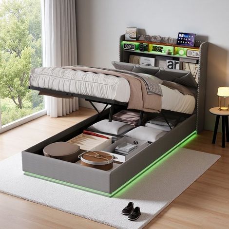 Cama con almacenamiento 90x200 cm, Cama individual 90x200 cm con LED y somier de lamas, Estructura de cama, Cofre de almacenamiento, Tela de lino, Gris (1/5)