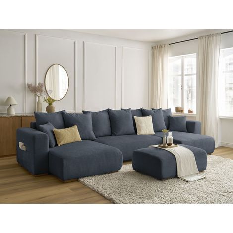 BOBOCHIC - Canapé panoramique convertible coffre SIDONIE tissu chiné avec pouf Bleu foncé (1/5)