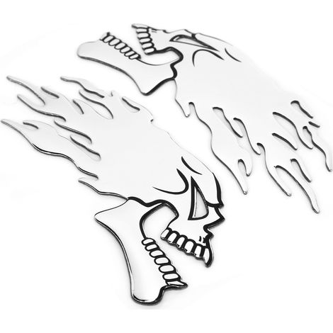 Autocollant Réservoir Moto 2 Pièces Flamme Crâne 3D Universel Décoratif Argenté