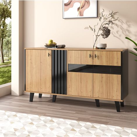 Aparador 140/78,5/41 cm en madera y negro con 3 puertas y luz LED (1/5)
