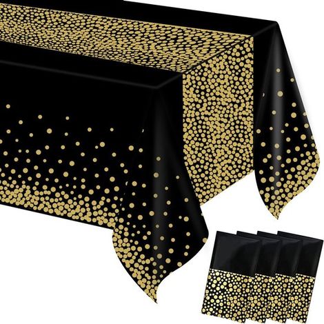 Nappe - Nappe en plastique - Lot de 4 nappes de fête - Motif confettis à pois noirs et dorés - Noir - 137 x 274 cm - Lot de 4 (1/3)