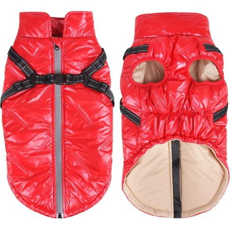 Chaqueta de invierno para perro, impermeable, abrigo aislante con arnés, rojo S