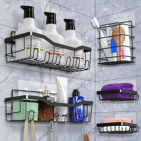 Etagere Douche, Lot de 5 Etagere Salle de Bain Etagere et Crochets Douche sans Percage étagères murales adhésives Etagere Rangement de salle de bain porte shampoing douche noir (1/5)
