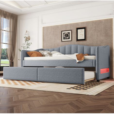 Tagesbett 90x200 cm Grau aus Leinen und MDF mit Ausziehbett und LED-Beleuchtung (1/5)