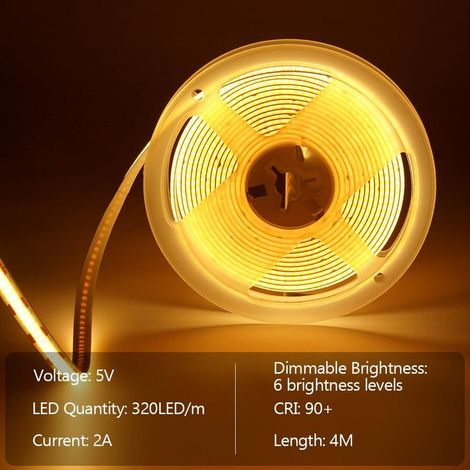 USB-COB-LED-Streifen, 5 V, 4 Meter, warmweiß, dimmbar, hohe Dichte, zuschneidbar, für Schlafzimmer, TV-Hintergrundbeleuchtung, DIY-Heimbeleuchtung (1/5)