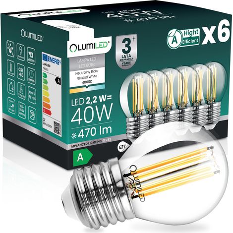 6 lampadine LED E27 a sfera P45 2,2 W 470 lm = 40 W 4000 K neutro 360° filamento Classe A lumiled (1/5)