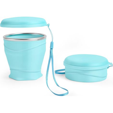 Mug de voyage pliable en silicone avec couvercle anti-poussière, 260 ml, sans BPA, portable et réutilisable pour le camping, les pique-niques, les voyages et le bureau (bleu clair) (1/5)