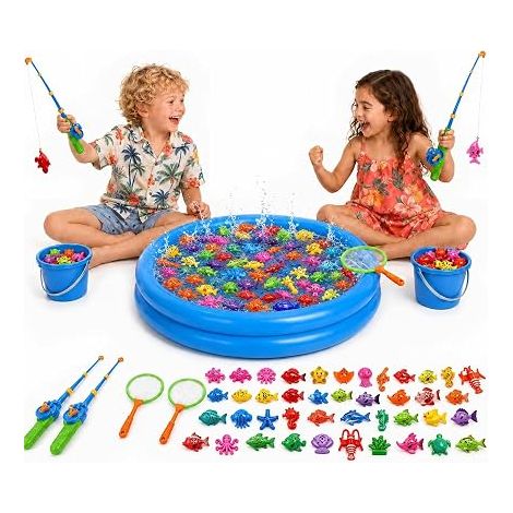 Magnetic Fishing Game XXL 59 Pieces with Paddling Pool Water Toy and Pool for Children 3 4 5 Years Complete Set for Garden Beach and Bath Including 2 Fishing Rods 2 Landing Nets Pump (1/5)