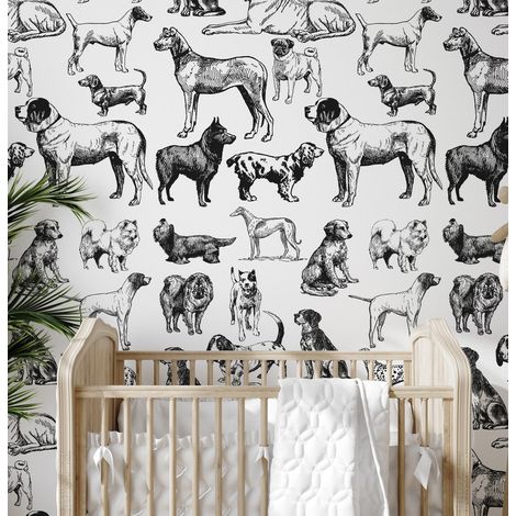 Carta da Parati Cani Bianchi e Neri in Fogli di Carta, 250x200cm (1/5)