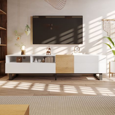 Meuble TV moderne 180 cm, blanc et bois, avec rangements (1/5)