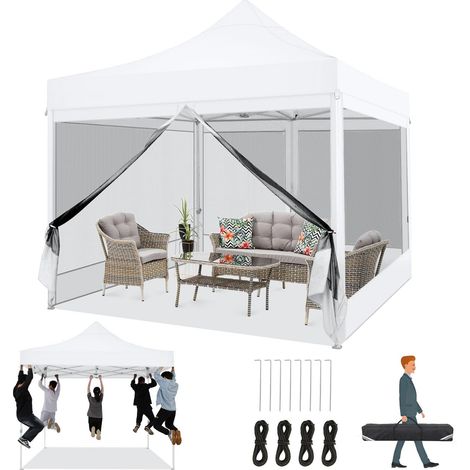 Tonnelle de Jardin 3x3m Extérieure Pliante Imperméable avec Paroi Latérale en Maille, Hauteur Réglable pour Patios, Jardin, Camping, Blanc (1/5)