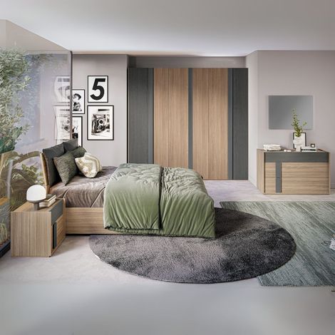 Dormitorio completo con cama de almacenaje y armario de 6 puertas en gris y nogal - Faba (1/3)