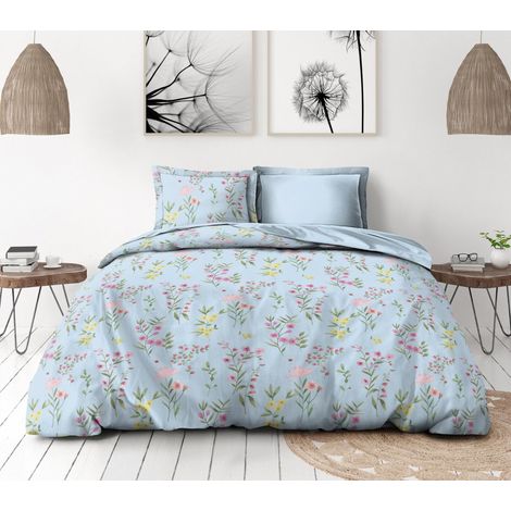 Parure de Couette 240x260 cm 3 pièces Percale de Coton Douce Housse + taies Bleu Pastel Modèle La flamboyante (1/5)