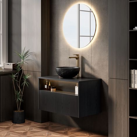 Mueble de baño suspendido con lavabo cerámico negro de 80 cm y LED con sensor, negro DESVIAE (1/5)