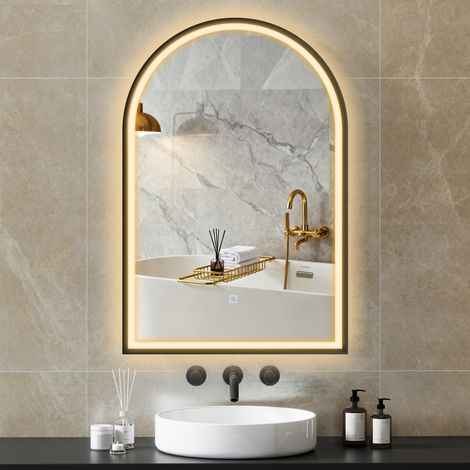 Espejo de Baño con Luz 60x90 cm Espejo de Pared Arqueado 3 Colores de Luz Brillo Regulable Función Antivaho Negro (1/5)