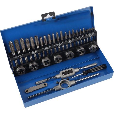 32 pièces de tarauds et filières en acier allié M3‑M12, pas grossier, avec clé et jauge de filetage, outils manuels (1/5)